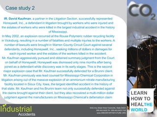 Examples of Industrial Accidents:-5/7Energy IndustryMay 1962: The Centralia, Pennsylvania coal mine fire began, forcing the gradual evacuation of the Centralia borough. The fire continues to burn in the abandoned borough in 2010, 48 years later.March 1967: The Torrey Canyon oil supertanker was shipwrecked off the western coast of Cornwall, England, causing an environmental disaster. This was the first major oil spill at sea.IndustrialAccidents