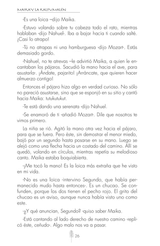MAIKAY LA KALFUMALÉN
26
-Es una loica –dijo Maika.
-Estuvo volando sobre tu cabeza todo el rato, mientras
hablaban -dijo Nahuel-. Iba a bajar hacia ti cuando salté.
¡Casi lo atrapo!
-Tú no atrapas ni una hamburguesa -dijo Mozart-. Estás
demasiado gordo.
-Nahuel, no te atrevas –le advirtió Maika, a quien le en-
cantaban los pájaros. Sacudió la mano hacia el ave, para
asustarla-. ¡Ándate, pajarito! ¡Arráncate, que quieren hacer
almuerzo contigo!
Entonces el pájaro hizo algo en verdad curioso. No sólo
no pareció asustarse, sino que se esponjó en su sitio y cantó
hacia Maika: tutukutukut.
-Te está dando una serenata -dijo Nahuel.
-Se enamoró de ti -añadió Mozart-. Dile que nosotros te
vimos primero.
La niña se rió. Agitó la mano otra vez hacia el pájaro,
para que se fuera. Pero éste, sin demostrar el menor miedo,
bajó por un segundo hasta posarse en su mano. Luego se
alejó como una ﬂecha hacia un costado del camino. Allí se
quedó, volando en círculos, mientras repetía su melodioso
canto. Maika estaba boquiabierta.
-¡Me tocó la mano! Es la loica más extraña que he visto
en mi vida.
-No es una loica -intervino Segundo, que había per-
manecido mudo hasta entonces-. Es un chucao. Se con-
funden, porque los dos tienen el pecho rojo. El grito del
chucao es un aviso, aunque nunca había visto uno como
este.
-¿Y qué anuncian, Segundo? -quiso saber Maika.
-Está cantando al lado derecho de nuestro camino -repli-
có éste, ceñudo-. Algo malo nos va a pasar.
 