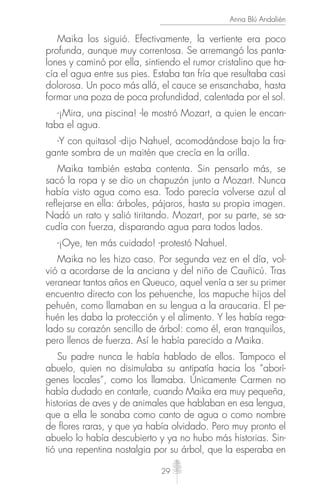 29
Anna Blú Andalién
Maika los siguió. Efectivamente, la vertiente era poco
profunda, aunque muy correntosa. Se arremangó los panta-
lones y caminó por ella, sintiendo el rumor cristalino que ha-
cía el agua entre sus pies. Estaba tan fría que resultaba casi
dolorosa. Un poco más allá, el cauce se ensanchaba, hasta
formar una poza de poca profundidad, calentada por el sol.
-¡Mira, una piscina! -le mostró Mozart, a quien le encan-
taba el agua.
-Y con quitasol -dijo Nahuel, acomodándose bajo la fra-
gante sombra de un maitén que crecía en la orilla.
Maika también estaba contenta. Sin pensarlo más, se
sacó la ropa y se dio un chapuzón junto a Mozart. Nunca
había visto agua como esa. Todo parecía volverse azul al
reﬂejarse en ella: árboles, pájaros, hasta su propia imagen.
Nadó un rato y salió tiritando. Mozart, por su parte, se sa-
cudía con fuerza, disparando agua para todos lados.
-¡Oye, ten más cuidado! -protestó Nahuel.
Maika no les hizo caso. Por segunda vez en el día, vol-
vió a acordarse de la anciana y del niño de Cauñicú. Tras
veranear tantos años en Queuco, aquel venía a ser su primer
encuentro directo con los pehuenche, los mapuche hijos del
pehuén, como llamaban en su lengua a la araucaria. El pe-
huén les daba la protección y el alimento. Y les había rega-
lado su corazón sencillo de árbol: como él, eran tranquilos,
pero llenos de fuerza. Así le había parecido a Maika.
Su padre nunca le había hablado de ellos. Tampoco el
abuelo, quien no disimulaba su antipatía hacia los “aborí-
genes locales”, como los llamaba. Únicamente Carmen no
había dudado en contarle, cuando Maika era muy pequeña,
historias de aves y de animales que hablaban en esa lengua,
que a ella le sonaba como canto de agua o como nombre
de ﬂores raras, y que ya había olvidado. Pero muy pronto el
abuelo lo había descubierto y ya no hubo más historias. Sin-
tió una repentina nostalgia por su árbol, que la esperaba en
 