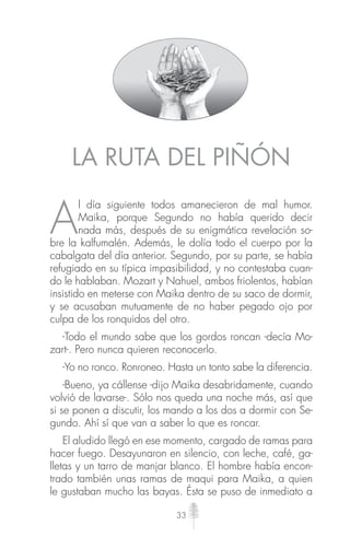 33
LA RUTA DEL PIÑÓN
A
l día siguiente todos amanecieron de mal humor.
Maika, porque Segundo no había querido decir
nada más, después de su enigmática revelación so-
bre la kalfumalén. Además, le dolía todo el cuerpo por la
cabalgata del día anterior. Segundo, por su parte, se había
refugiado en su típica impasibilidad, y no contestaba cuan-
do le hablaban. Mozart y Nahuel, ambos friolentos, habían
insistido en meterse con Maika dentro de su saco de dormir,
y se acusaban mutuamente de no haber pegado ojo por
culpa de los ronquidos del otro.
-Todo el mundo sabe que los gordos roncan -decía Mo-
zart-. Pero nunca quieren reconocerlo.
-Yo no ronco. Ronroneo. Hasta un tonto sabe la diferencia.
-Bueno, ya cállense -dijo Maika desabridamente, cuando
volvió de lavarse-. Sólo nos queda una noche más, así que
si se ponen a discutir, los mando a los dos a dormir con Se-
gundo. Ahí sí que van a saber lo que es roncar.
El aludido llegó en ese momento, cargado de ramas para
hacer fuego. Desayunaron en silencio, con leche, café, ga-
lletas y un tarro de manjar blanco. El hombre había encon-
trado también unas ramas de maqui para Maika, a quien
le gustaban mucho las bayas. Ésta se puso de inmediato a
 
