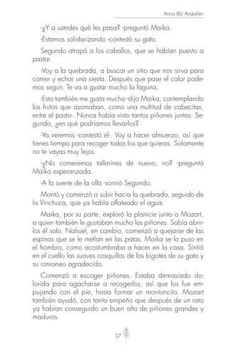 37
Anna Blú Andalién
-¿Y a ustedes qué les pasa? -preguntó Maika.
-Estamos solidarizando -contestó su gato.
Segundo atrapó a los caballos, que se habían puesto a
pastar.
-Voy a la quebrada, a buscar un sitio que nos sirva para
comer y echar una siesta. Después que pase el calor pode-
mos seguir. Te va a gustar mucho la laguna.
-Esto también me gusta mucho -dijo Maika, contemplando
los frutos que asomaban, como una multitud de cabecitas,
entre el pasto-. Nunca había visto tantos piñones juntos. Se-
gundo, ¿en qué podríamos llevarlos?
-Ya veremos -contestó él-. Voy a hacer almuerzo, así que
tienes tiempo para recoger todos los que quieras. Solamente
no te vayas muy lejos.
-¿No comeremos tallarines de nuevo, no? -preguntó
Maika esperanzada.
-A la suerte de la olla -sonrió Segundo.
Montó y comenzó a subir hacia la quebrada, seguido de
la Vinchuca, que ya había olfateado el agua.
Maika, por su parte, exploró la planicie junto a Mozart,
a quien también le gustaban mucho los piñones. Sabía abrir-
los él solo. Nahuel, en cambio, comenzó a quejarse de las
espinas que se le metían en las patas. Maika se lo puso en
el hombro, como acostumbraba a hacer en la casa. Sintió
en el cuello las suaves cosquillas de los bigotes de su gato y
su ronroneo agradecido.
Comenzó a escoger piñones. Estaba demasiado do-
lorida para agacharse a recogerlos, así que los fue em-
pujando con el pie, hasta formar un montoncito. Mozart
también ayudó, con tanto empeño que después de un rato
ya habían conseguido un buen alto de piñones grandes y
maduros.
 