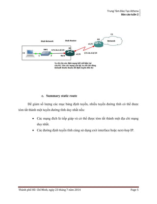 Trung Tâm Đào Tạo Athena
Báo cáo tuần 2
Thành phố Hồ Chí Minh, ngày 23 tháng 7 năm 2014 Page 5
c. Summary static route
Để giảm số lượng các mục bảng định tuyến, nhiều tuyến đường tĩnh có thể được
tóm tắt thành một tuyền đường tĩnh duy nhất nếu:
 Các mạng đích là tiếp giáp và có thể được tóm tắt thành một địa chỉ mạng
duy nhất.
 Các đường định tuyến tĩnh cùng sử dụng exit interface hoặc next-hop IP.
 