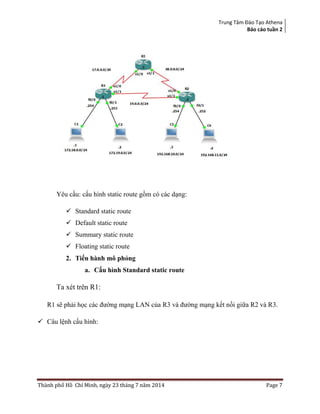 Trung Tâm Đào Tạo Athena
Báo cáo tuần 2
Thành phố Hồ Chí Minh, ngày 23 tháng 7 năm 2014 Page 7
Yêu cầu: cấu hình static route gồm có các dạng:
 Standard static route
 Default static route
 Summary static route
 Floating static route
2. Tiến hành mô phỏng
a. Cấu hình Standard static route
Ta xét trên R1:
R1 sẽ phải học các đường mạng LAN của R3 và đường mạng kết nối giữa R2 và R3.
 Câu lệnh cấu hình:
 