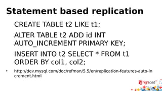 Statement based replication 
CREATE TABLE t2 LIKE t1; 
ALTER TABLE t2 ADD id INT 
AUTO_INCREMENT PRIMARY KEY; 
INSERT INTO t2 SELECT * FROM t1 
ORDER BY col1, col2; 
• http://dev.mysql.com/doc/refman/5.5/en/replication-features-auto-in 
crement.html 
 