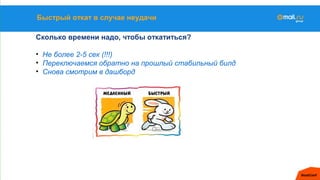 Быстрый откат в случае неудачи
Сколько времени надо, чтобы откатиться?
• Не более 2-5 сек (!!!)
• Переключаемся обратно на прошлый стабильный билд
• Снова смотрим в дашборд
 