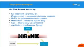 Как устроен мониторинг
Get Risk Network Monitoring
• Как работает мониторинг?
• Демон grnmon — принимает данные с серверов...