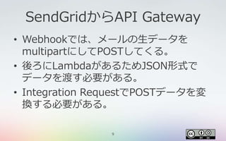 9
SendGridからAPI Gateway
• Webhookでは、メールの生データを
multipartにしてPOSTしてくる。
• 後ろにLambdaがあるためJSON形式で
データを渡す必要がある。
• Integration RequestでPOSTデータを変
換する必要がある。
 
