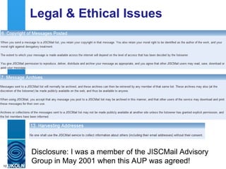 JISCMail search


                                                               Technical barriers to
                                                               processing JISCMail
                                                               content (not covered
                                                               further)




     A centre of expertise in digital information management             www.ukoln.ac.uk
10
 