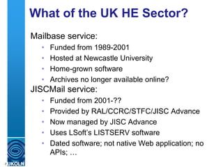 What Happened Later?
                                               Peer-reviewed
                                               papers published at
                                               W4A conference &
                                               elsewhere from 2004
                                               Quality of papers
                                               known from citations,
                                               etc.
                                               But what of
                                               discussions on UK
                                               mailing lists between
                                               1998-2004 (and
                                               beyond)?
Two most highly ranked papers at W4A conferences, according
to Microsoft Academic digital information management
         A centre of expertise in Search.            www.ukoln.ac.uk
7
 