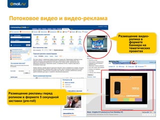 Потоковое видео и видео-реклама
Размещение видео-
ролика в
формате
баннера на
тематических
проектах
Размещение рекламы перед
роликом в формате 5 секундной
заставки (pre-roll)
 