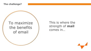 The challenge?

To maximize
the benefits
of email

This is where the
strength of mail
comes in…

 