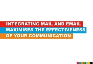 INTEGRATING MAIL AND EMAIL
OF YOUR COMMUNICATION
MAXIMISES THE EFFECTIVENESS
18
 