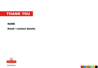 THANK YOU
NAME
Email / contact details
29
 