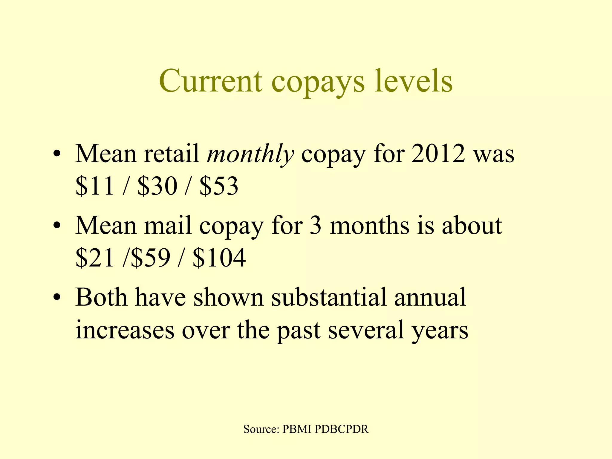 Current copays levels 
• Mean retail monthly copay for 2012 was 
$11 / $30 / $53 
• Mean mail copay for 3 months is about 
$21 /$59 / $104 
• Both have shown substantial annual 
increases over the past several years 
Source: PBMI PDBCPDR 
 