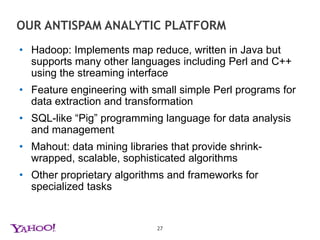 Lets REVIEW OUR DESIGN GOALs AGAINClassifiers are notorious for lack of explainabilityEngineers and analysts needs to know what the classifier is missingEngineers and analysts need to know about emerging threatsAnalysts need “canned” reports along interesting dimensionsMachines need smart feature engineeringDevelop a scalable system to provide deep insight into spammer campaignsDouble up as a platform for standard reportingAlso double up as a platform for adhoc analysis and data probingSignal amplification and smart feature extraction platform26