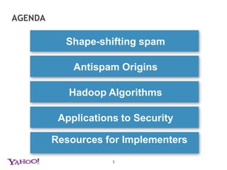 AGENDA3Shape-shifting spamAntispam OriginsHadoop AlgorithmsApplications to SecurityResources for Implementers