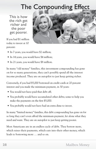 The Compounding Effect 
This is how 
the rich get 
richer and 
the poor 
get poorer. 
If you had $1 million 
today to invest at 10 
percent: 
• In 7 years, you would have $2 million; 
• In 14 years, you would have $4 million; 
• In 21 years, you would have $8 million. 
In many “old money” families, this investment compounding has gone 
on for so many generations, they can’t possibly spend all the interest 
income produced. They are on autopilot to just keep getting richer. 
Conversely, if you had $5,000 borrowed on credit cards at 20 percent 
interest and you made the minimum payment, in 30 years: 
• You would not have paid that debt off; 
• You probably would have accumulated other debts; some to help you 
make the payments on the first $5,000. 
• You probably would not have had an extra dime to invest. 
In many “limited money” families, this debt compounding has gone on for 
so long they can’t even afford the minimum payment, let alone what they 
need and want. They are on autopilot to just keep getting poorer. 
Most Americans are in an endless cycle of debt. They borrow more, 
which raises their payments, which eats into their other money, which 
leads to borrowing more … and so on. 
28 Mailbox Money 
 
