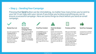 • Step 3 : SendingYour Campaign
Pressing that Send button can be intimidating, no matter how many times you've sent to
your list. It can help calm your nerves if you know you've done everything you can to
ensure a successful campaign. Here are some things to check before you send an email
campaign.
ReviewYour List
Go to the To section of the
Campaign Builder to
confirm that you're
sending to the right
people. Make sure you've
selected the correct list
and that you have
permission to send to
those subscribers
ReviewYour
Campaign Setup
Make sure you’ve set up
your email campaign
properly. Review your
subject line, campaign
information, tracking
options, and social share
settings in the Campaign
Builder
ProofYour Content
In the Content section of
the Campaign Builder,
click Edit Design to
proofread your campaign
content one more time
before you send. Review
the text for typos, make
sure images are the correct
size.
Check for Broken
Links
Double-check that all the
links in your campaign are
valid and point to the
correct URLs. Use our built
in Link Checker to scan for
broken links, and click each
link yourself to make sure
they point to the URL you
want.
Preview andTest
After you've thoroughly
checked your list, setup,
and content, use our
preview and testing tools
to make sure your
campaign displays as
expected. If you're a paid
user, try Inbox Preview
tool to see what your
campaign will look like in
different email clients.
SendYour Campaign
Crossed all your checklist?
Great! You're ready to hit
that Send button.
imagishary.com
 