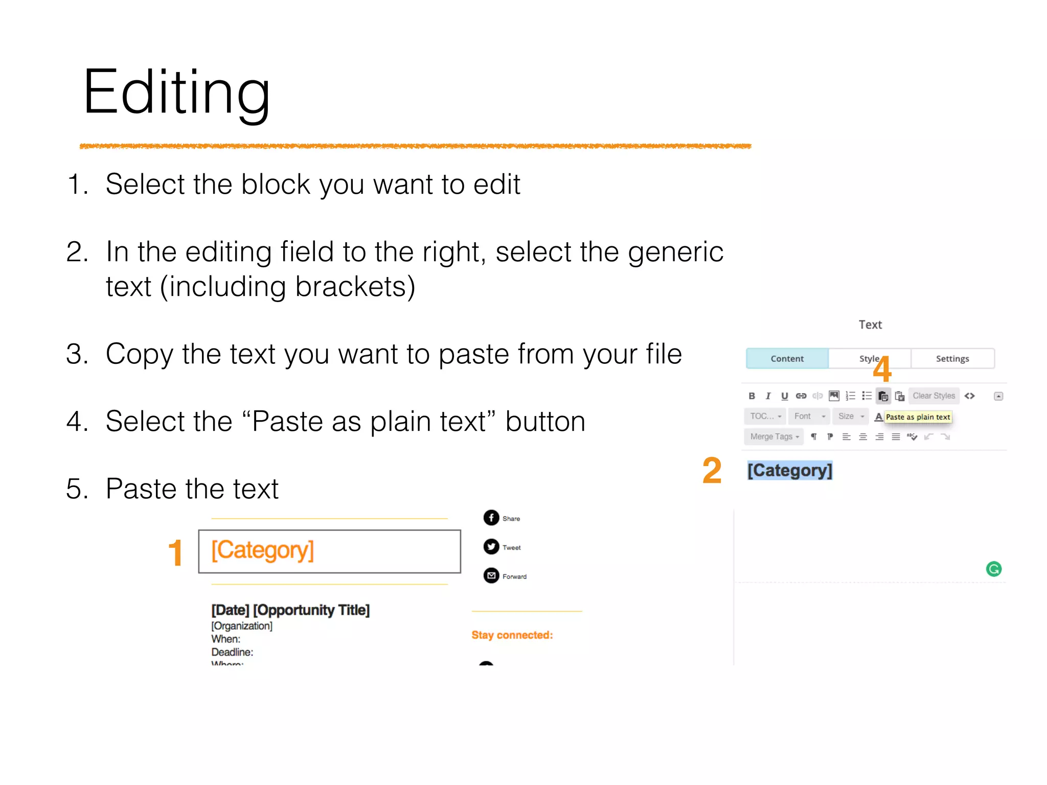 Editing
1. Select the block you want to edit
2. In the editing ﬁeld to the right, select the generic
text (including brackets)
3. Copy the text you want to paste from your ﬁle
4. Select the “Paste as plain text” button
5. Paste the text
1
2
4
 