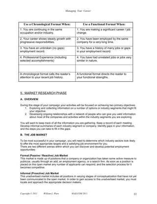 Managing Your Career




   Use a Chronological Format When:                     Use a Functional Format When:
1. You are continuing in the same                 1. You are making a significant career / job
occupation and/or industry.                       change.

2. Your career shows steady growth with           2. You have been employed by the same
progressive responsibilities.                     company for a very long time.

3. You have an unbroken (no gaps)                 3. You have a history of many jobs or gaps
employment record.                                in your employment record.

4. Professional Experience (including             4. You have had unrelated jobs or jobs very
selected accomplishments)                         similar in nature.



A chronological format calls the reader’s         A functional format directs the reader to
attention to your recent job history.             your functional strengths.




5. MARKET RESEARCH PHASE
A. OVERVIEW

During this stage of your campaign your activities will be focused on achieving two primary objectives:
    1. Exploring and collecting information on a number of options or industry segments that might fit
        your objective.
    2. Developing ongoing relationships with a network of people who can give you valid information
        about most of the companies and activities within the industry segments you are exploring.

You will want to keep track of all the information you are gathering. Keep a record of each meeting.
Develop informal summaries of each industry segment or company. Identify gaps in your information,
and the steps you can take to fill in the gaps.

B. THE JOB MARKET

To be most successful in your campaign, you will need to determine which industry sectors look likely
to offer the most appropriate targets and a satisfying job environment for you.
There are two different arenas within which you can discover and develop potential employment
opportunities:

Formal (Passive / Reactive) Job Market
This market is made up of positions that a company or organization has taken some active measure to
publicize, usually through an add, an employment agency, or a search firm. As soon as a position is
placed on this open market any number of applicants can respond, and the selection process for it
becomes competitive.

Informal (Proactive) Job Market
This unadvertised market includes all positions in varying stages of conceptualization that have not yet
been communicated to the open market. In order to gain access to this unadvertised market, you must
locate and approach the appropriate decision makers.



Copyright © 2011    William L. Ware          MAILCOM 2011                                            11
 