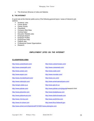 Managing Your Career


    •   The American Almanac of Jobs and Salaries

B. THE INTERNET

A quick look at the Internet yields some of the following general topics / areas of interest to job
seekers:
    • Academic Jobs
    • Career Books
    • Career Events
    • Classifieds
    • Company Web Sites
    • Contract labor
    • Education Related Jobs
    • Employee Search
    • Employer Profiles
    • Employment Help
    • Federal Jobs
    • Professional Career Organizations
    • Research



                            EMPLOYMENT SITES ON THE INTERNET



CLASSIFIEDS/JOBS

http://www.careerboard.com/                        http://www.careermosaic.com/

http://www.careerpath.com/                         http://www.careerweb.com/

http://www.career.com                              http://www.cweb.com/

http://www.espan.com                               http://www.monster.com/

http://www.monsterboard.com/                       http://www.occ.com/

http://www.nationjob.com/                          http://www.americaemployers.com/

http://wnjpin.state.nj.us                          http://www.ajb.dni.us

http://www.jobtrak.com/                            http://www.jobtrak.com/jobguide/research.html

http://www.jobcenter.com                           http://www.bestjobsusa.com

http://www.jobbankusa.com                          http://www.distinctiveweb.com

http://www.1st-imp.com                             http://www.world.hire.com

http://www.mr-ohare.com                            http://www.fwux.fedworld.gov

http://www.zdnet.com/chkpt/zdna971016001/www.jobengine.com




Copyright © 2011      William L. Ware          MAILCOM 2011                                           24
 