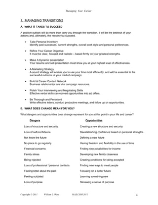 Managing Your Career


1. MANAGING TRANSITIONS
A. WHAT IT TAKES TO SUCCEED

A positive outlook will do more than carry you through the transition. It will be the bedrock of your
actions and, ultimately, the reason you succeed.

    •   Take Personal Inventory
        Identify past successes, current strengths, overall work style and personal preferences.

    •   Refine Your Career Objective
        It must be clear, focused and realistic – based firmly on your greatest strengths.

    •   Make A Dynamic presentation
        Your resume and self-presentation must show you at your highest level of effectiveness.

    •   A Marketing Strategy
        A sound strategy will enable you to use your time most efficiently, and will be essential to the
        successful outcome of your market campaign.

    •   Build A Career Contact Network
        Business relationships are vital campaign resources.

    •   Polish Your Interviewing and Negotiating Skills
        Effective verbal skills can convert opportunities into job offers.

    •   Be Thorough and Persistent
        Write effective letters, conduct productive meetings, and follow up on opportunities.

B. WHAT DOES CHANGE MEAN FOR YOU?

What dangers and opportunities does change represent for you at this point in your life and career?

        Dangers                                             Opportunities

   Loss of structure and security                      Creating a new structure and security

   Loss of self-confidence                             Reestablishing confidence based on personal strengths

   Not know the future                                 Defining a new future

   No place to go regularly                            Having freedom and flexibility in the use of time

   Financial concerns                                  Finding new possibilities for income

   Family stress                                       Developing new family closeness

   Being rejected                                      Creating conditions for being accepted

   Loss of professional / personal contacts            Finding new ways to meet people

   Feeling bitter about the past                       Focusing on a better future

   Feeling outdated                                    Learning something new

   Loss of purpose                                     Renewing a sense of purpose



Copyright © 2011      William L. Ware          MAILCOM 2011                                                4
 