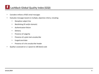 January 2019 6
LashBack Global Quality Index (GQI)
• Considers millions of B2C email messages
• Evaluates messages based o...