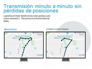Transmisión minuto a minuto sin
pérdidas de posiciones
Logramos el mejor detalle de las rutas gracias a una
mayor precisión y frecuencia en la transmisión de
datos.
OTRAS PLATAFORMAS
Movistar
 