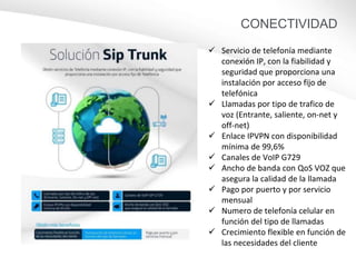 25GB
40GB
 Servicio de telefonía mediante
conexión IP, con la fiabilidad y
seguridad que proporciona una
instalación por acceso fijo de
telefónica
 Llamadas por tipo de trafico de
voz (Entrante, saliente, on-net y
off-net)
 Enlace IPVPN con disponibilidad
mínima de 99,6%
 Canales de VoIP G729
 Ancho de banda con QoS VOZ que
asegura la calidad de la llamada
 Pago por puerto y por servicio
mensual
 Numero de telefonía celular en
función del tipo de llamadas
 Crecimiento flexible en función de
las necesidades del cliente
CONECTIVIDAD
 