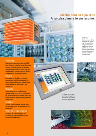 Distância:
Com o sensor 3D, a
medição de distân-
cias de superfícies
irregulares deixou
de ser um desafio.
3.072 valores de
distância altamente
precisos substituem
muitos sensores
fotoelétricos.
O painel PC E2D400
permite configurar e
monitorar os sistemas
de visão na aplicação.
efector pmd 3d Tipo O3D
A terceira dimensão em resumo.
10
Premiado:
O primeiro sensor industrial 3D
que detecta objetos e cenários de
forma tridimensional. O sensor
trabalha segundo o princípio de
medição do tempo de voo da luz,
baseado na tecnologia PMD.
Preciso:
A resolução de 64 x 48 pixels
resulta em 3.072 valores de di-
stância por medição, permitindo
uma avaliação detalhada da
aplicação.
Robusto:
A iluminação, a medição do
tempo de voo da luz e o sistema
de avaliação estão integrados em
um gabinete apropriado para uso
industrial.
Simples:
Saídas análogicas e digital para
fácil integração no ambiente do
controle.
Visão de longo alcance:
Alcance de captação de até
6,5 metros e protegido contra
iluminação externa.
 