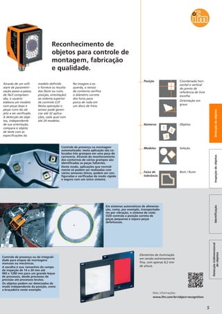 5
Controle de presença ou de integrali-
dade para etapas de montagens
manuais ou mecânicas.
A escolha é sua: tamanhos do campo
de inspeção de 14 x 20 mm até
960 x 1280 mm para um grande leque
de processos, desde processos de
precisão até processos brutos.
Os objetos podem ser detectados de
modo independente da posição, como
a braçadeira neste exemplo.
Através de um soft-
ware de parametri-
zação passo-a-passo,
de fácil compreen-
são, o usuário
elabora um modelo
com peças boas e
peças ruins do ob-
jeto a ser verificado.
A detecção de obje-
tos, independente
de sua orientação,
compara o objeto
de teste com as
especificações do
modelo definido
e fornece os resulta-
dos (bom ou ruim,
posição, orientação)
ao sistema superior
de controle CLP.
Nesta operação o
sensor pode geren-
ciar até 32 aplica-
ções, cada qual com
até 24 modelos.
Na imagem à es-
querda, o sensor
de contorno verifica
o diâmetro correto
dos furos para
porca de roda em
um disco de freio.
Elementos de iluminação
em versão extremamente
fina, com apenas 9,2 mm
de altura.
Mais informações:
www.ifm.com/br/object-recognition
Reconhecimento de
objetos para controle de
montagem, fabricação
e qualidade.
Posição
Números
Modelos
Faixa de
tolerância
Detecçãotridimensional
deobjetos
IdentificaçãoInspeçãodeobjetosDetecçãodeobjetos
Em sistemas automáticos de alimenta-
ção, como, por exemplo, transportado-
res por vibração, o sistema de visão
O2D controla a posição correta de
peças pequenas e separa peças
defeituosas.
Controle de presença na montagem
automatizada: nesta aplicação são co-
locados três grampos em uma peça de
carroceria. Através do monitoramento
dos contornos de vários grampos são
identificadas as peças faltantes.
Deste modo, aplicações que normal-
mente só podem ser realizadas com
vários sensores óticos, podem ser con-
figuradas e verificadas de modo rápido
e seguro com um único sistema.
Coordenada hori-
zontal e vertical
do ponto de
referência de livre
escolha
Orientação em
graus
Objetos
Seleção
Bom / Ruim
 