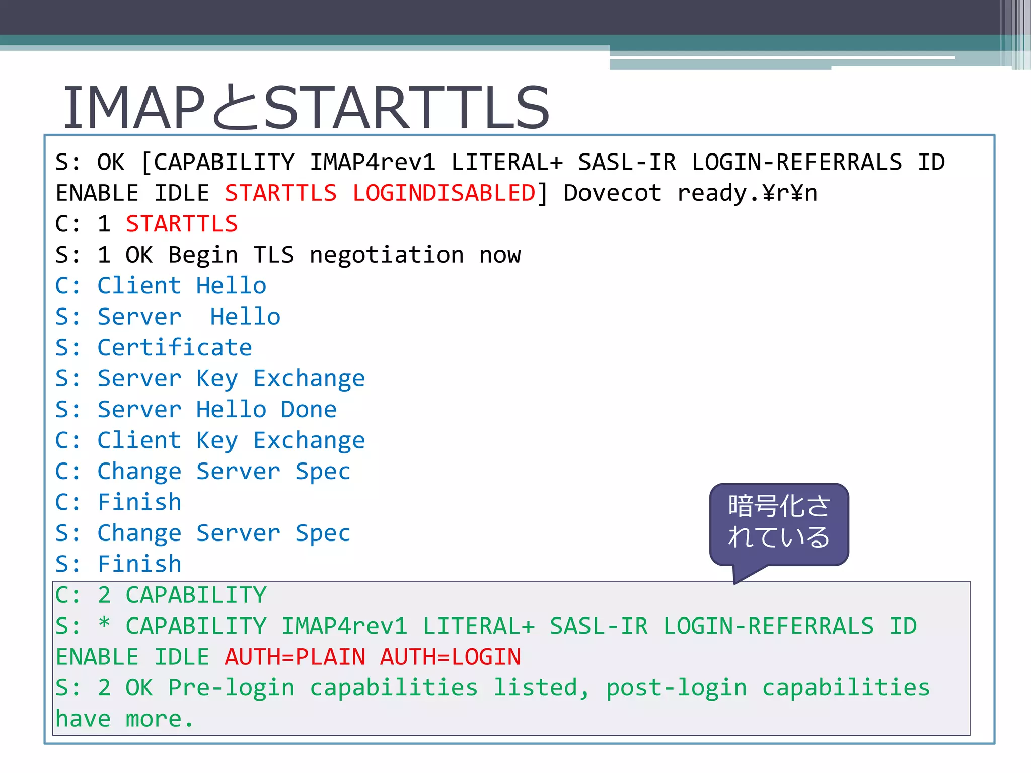 IMAPとSTARTTLS
S: OK [CAPABILITY IMAP4rev1 LITERAL+ SASL-IR LOGIN-REFERRALS ID
ENABLE IDLE STARTTLS LOGINDISABLED] Dovecot ready.¥r¥n
C: 1 STARTTLS
S: 1 OK Begin TLS negotiation now
C: Client Hello
S: Server Hello
S: Certificate
S: Server Key Exchange
S: Server Hello Done
C: Client Key Exchange
C: Change Server Spec
C: Finish                                       暗号化さ
S: Change Server Spec                           れている
S: Finish
C: 2 CAPABILITY
S: * CAPABILITY IMAP4rev1 LITERAL+ SASL-IR LOGIN-REFERRALS ID
ENABLE IDLE AUTH=PLAIN AUTH=LOGIN
S: 2 OK Pre-login capabilities listed, post-login capabilities
have more.
 