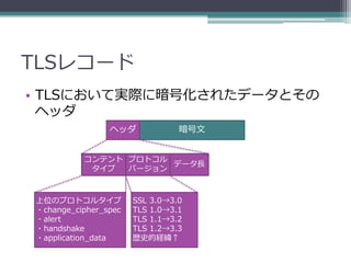 TLSレコード
• TLSにおいて実際に暗号化されたデータとその
  ヘッダ
                ヘッダ             暗号文


          コンテント プロトコル
                      データ長
           タイプ  バージョン



上位のプロトコルタイプ           SSL 3.0→3.0
・change_cipher_spec   TLS 1.0→3.1
・alert                TLS 1.1→3.2
・handshake            TLS 1.2→3.3
・application_data     歴史的経緯↑
 