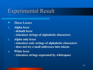 Experimental Result Three Lexers Alpha lexer - default lexer - tokenizes strings of alphabetic characters Alpha only lexer - tokenizes only strings of alphabetic characters - does not lex e-mail addresses into tokens White lexer - tokenizes strings separated by whitespace 