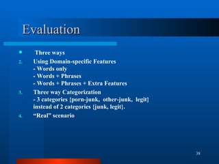 Evaluation Three ways Using Domain-specific Features - Words only - Words + Phrases - Words + Phrases + Extra Features Three way Categorization - 3  categories {porn-junk,  other-junk,  legit} instead of 2 categories {junk, legit}. “ Real” scenario 