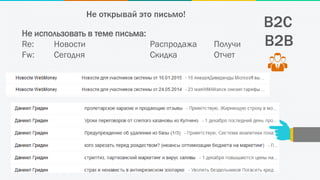 B2C
Не использовать в теме письма:
Re: Новости Распродажа Получи
Fw: Сегодня Скидка Отчет
B2B
Не открывай это письмо!
 