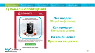 1) КАНАЛЫ ОПОВЕЩЕНИЯ
10
Непрямые продажи Прямой маркетинг Как измеряем? Приемы E-commerce Долой мифы!
Что подаем:
Общий инфоповод
Как продаем:
Полезные советы
На самом деле?
Купон на лицензию
 