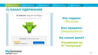 2) КАНАЛ УДЕРЖАНИЯ
13
Непрямые продажи Прямой маркетинг Как измеряем? Приемы E-commerce Долой мифы!
Что подаем:
Обучение
Как продаем:
Завершенность
На самом деле?
Ускорение за
N “попугаев”
 