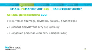 EMAIL: РЕМАРКЕТИНГ B2C – КАК ЭФФЕКТИВНО?
18
Прямой маркетингНепрямые продажи Как измеряем? Приемы E-commerce Долой мифы!
Каналы ремаркетинга B2C:
1) Почтовые триггеры (купоны, заказы, поддержка)
2) Возврат покупателя в ту же корзину
3) Создание реферальной сети (аффилиаты)
 