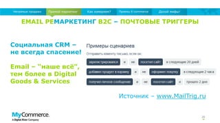 EMAIL РЕМАРКЕТИНГ B2C – ПОЧТОВЫЕ ТРИГГЕРЫ
20
Прямой маркетингНепрямые продажи Как измеряем? Приемы E-commerce Долой мифы!
Источник – www.MailTrig.ru
Социальная CRM –
не всегда спасение!
Email – “наше всё”,
тем более в Digital
Goods & Services
 
