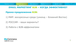 EMAIL МАРКЕТИНГ B2B – КОГДА ЭФФЕКТИВНО?
22
Прямой маркетингНепрямые продажи Как измеряем? Приемы E-commerce Долой мифы!
Промо-предложения B2B:
1) МИР: воскресенье-среда (уикенд – Ближний Восток)
2) РОССИЯ – ваши варианты?
3) Работа с B2B-аффилиатами
 