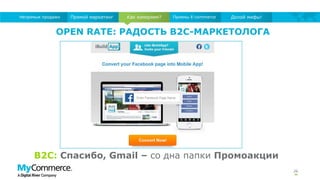OPEN RATE: РАДОСТЬ B2C-МАРКЕТОЛОГА
26
Как измеряем?Прямой маркетингНепрямые продажи Приемы E-commerce Долой мифы!
B2C: Спасибо, Gmail – со дна папки Промоакции
 