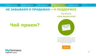 Приемы E-commerce
31
Прямой маркетинг Как измеряем?Непрямые продажи Долой мифы!
НЕ ЗАБЫВАЕМ О ПРОДАЖАХ – И ПОДДЕРЖКЕ
Чей прием?
 
