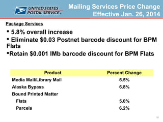 Mailing Services Price Change
Effective Jan. 26, 2014
Package Services

 5.8% overall increase
 Eliminate $0.03 Postnet barcode discount for BPM
Flats
Retain $0.001 IMb barcode discount for BPM Flats
Product

Percent Change

Media Mail/Library Mail

6.5%

Alaska Bypass

6.8%

Bound Printed Matter
Flats

5.0%

Parcels

6.2%
22

 