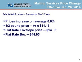 Mailing Services Price Change
Effective Jan. 26, 2014
Priority Mail Express ─ Commercial Plus® Prices

 Prices increase on average 0.6%
 1/2 pound price ─ from $11.16
 Flat Rate Envelope price ─ $14.85
 Flat Rate Box ─ $44.95

33

 