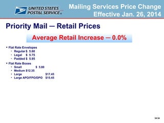 Mailing Services Price Change
Effective Jan. 26, 2014

Priority Mail ─ Retail Prices
Average Retail Increase ─ 0.0%
 Flat Rate Envelopes
 Regular $ 5.60
 Legal
$ 5.75
 Padded $ 5.95
 Flat Rate Boxes
 Small
$ 5.80
 Medium $12.35
 Large
$17.45
 Large APO/FPO/DPO $15.45

34 34

 