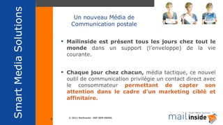 Un nouveau Média de Communication postale Mailinside est présent tous les jours chez tout le monde  dans un support (l’enveloppe) de la vie courante.  Chaque jour chez chacun,  média tactique, ce nouvel outil de communication privilégie un contact direct avec le consommateur  permettant de capter son attention dans le cadre d’un marketing ciblé et affinitaire. 
