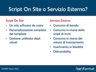 Script On Site o Servizio Esterno?
Script On Site                 Servizio Esterno
• Un solo software da usare    • Consumo di banda
• Personalizzazione completa   • Consumo in risorse dello
   del template                   script di invio
• Gestione unificata degli     • Consumo in risorse dei
   utenti                         sistemi di tracciamento
                               • Inserimento in blacklist
                               • Deliverability
 