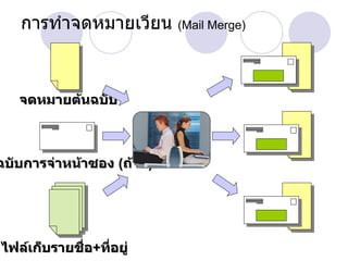 การทำจดหมายเวียน  (Mail Merge) จดหมายต้นฉบับ ไฟล์เก็บรายชื่อ + ที่อยู่ ต้นฉบับการจ่าหน้าซอง  ( ถ้ามี ) 