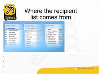 Where the recipient
                   list comes from
                                                    In many cases, the
                                                    recipient list that you
                                                    want to use will
                                                    already exist.

                                                    For example, you
                                                    might have access to
                                                    a file with a list of the
                                                    following.

• Customer or contact names, addresses, and more.

• The products or services your company offers.

• Information about your employees.
 